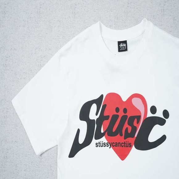 STUSSY Red Big Heart T-Shirt - White Short Sleeve - Picture 9 of 15